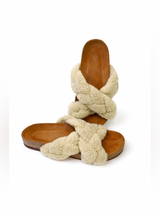 Johanna Ortiz Shoes - Johanna Ortiz Cream Sherpa Braided Crisscross Slide Cork Sole Sandals 37
